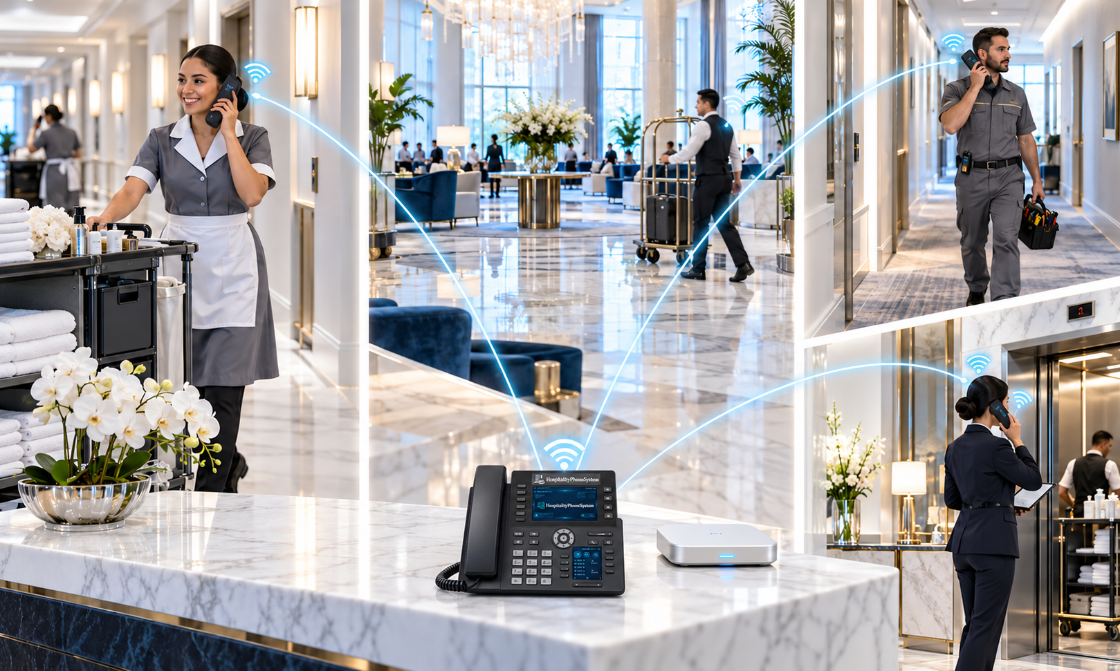 Hotel housekeeping employee using a cordless phone